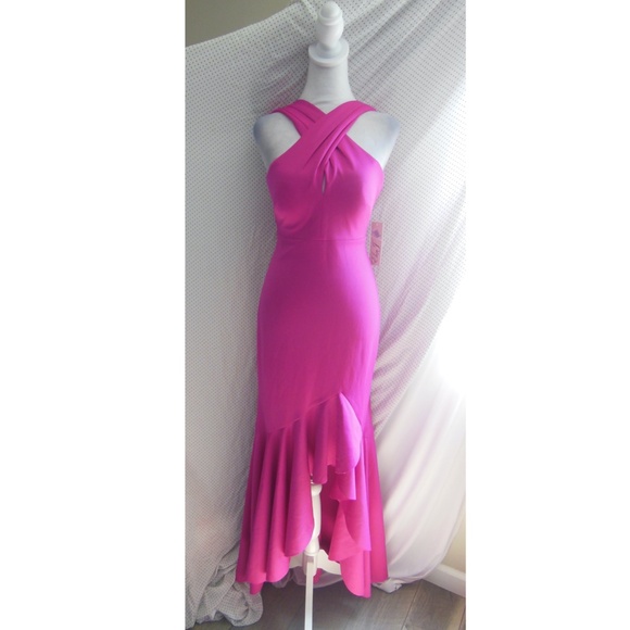 NEW ELIZA J Hot Pink SCUBA CREPE Crisscross HALTER Ruffle HIGH LOW Dress GOWN 2 - Picture 4 of 16